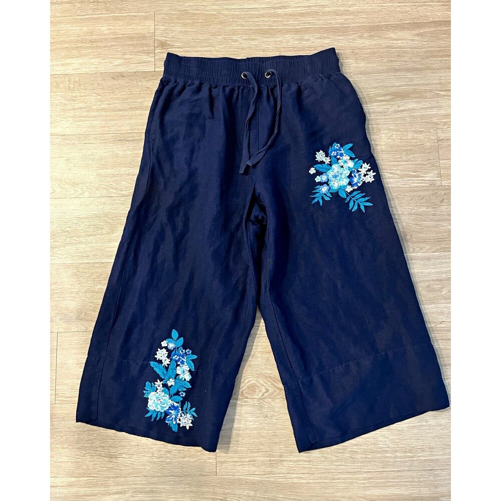 Roaman's Navy Floral Embroidered Linen Blend Wide-Leg Cropped Pants 16W 0102